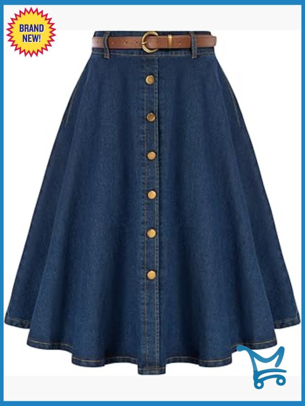 High Rise A-Line Jean Skirt with Pockets Below Knee Length Vintage